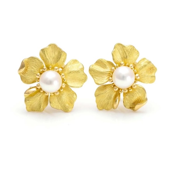 Tiffany & CO. 18K Yellow Gold Dogwood Earrings with Pearl - Picture 1 of 9